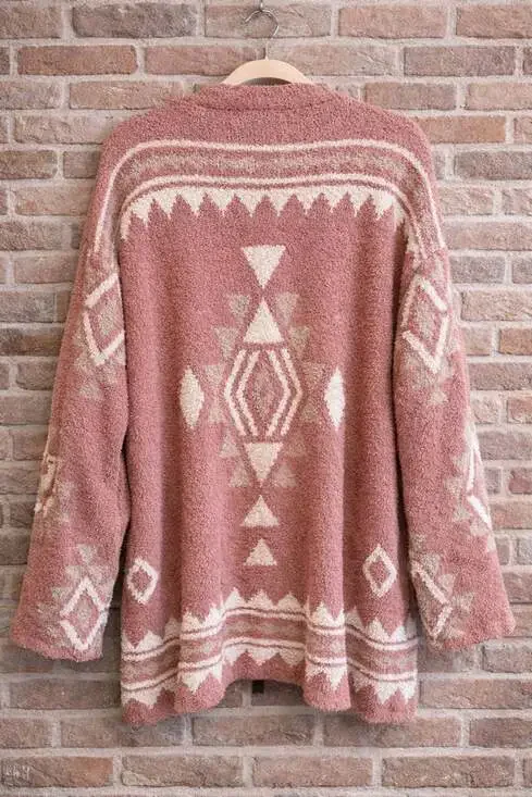 New In Mauve Pink Aztec Geometric Open Front Fuzzy Cardigan - Picture 3 of 8